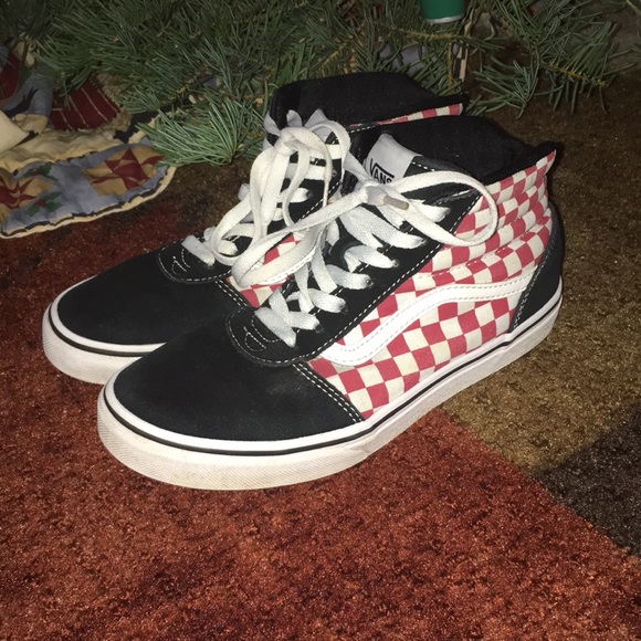 red checkerboard high top vans